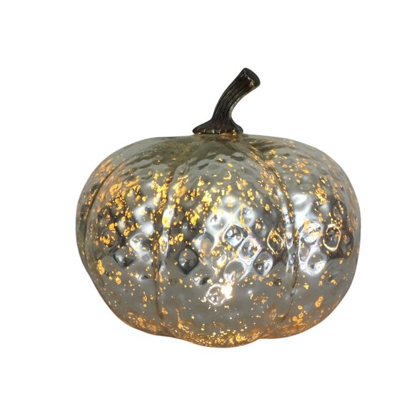Mercury Silver Crackle Blown Glass LED Light up Pumpkin Home Decor  10X9 - Picture 1 of 7